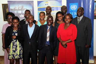The HIT Techies who completed the three‐month Business Incubation Process posing with Dr Chanakira (extreme right)
at the National Art Gallery of Zimbabwe.