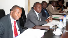 ZIMCHE Chief Executive Officer, Professor Emmanuel Ngara, (Seated Left)) and his delegation in the HIT Board Room for an annual assessment of quality and standards exercise.