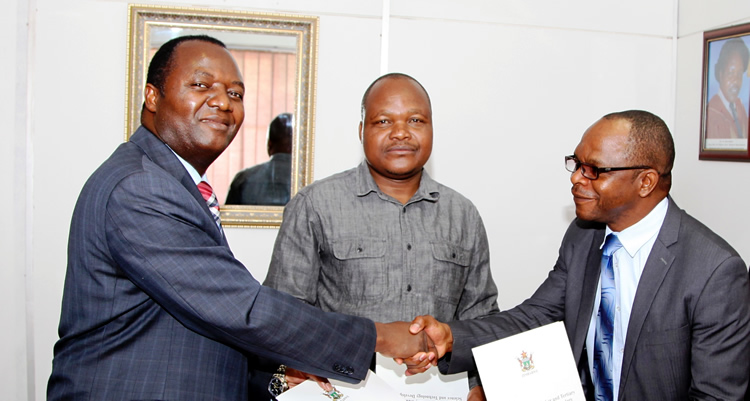 From Left - HIT Vice Chancellor, Eng. Q.C. Kanhukamwe, Hon. Deputy Minister of Higher and Tertiary Education, Science and Technology Development, Dr. G. Gandawa and the Acting CEO of Verify Engineering, Eng. P. Tapfumaneyi at the signing ceremony of the Memorandum of Agreement between the three parties
